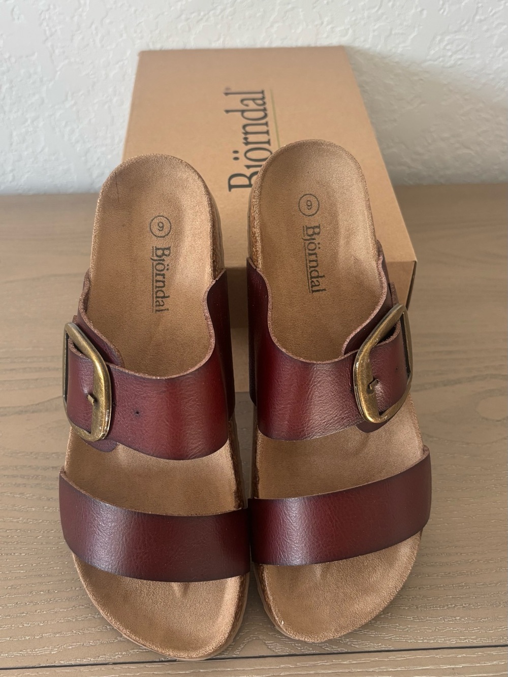 Bjorndal Burgundy Two-Strap Slide Sandals with Brass Buckles